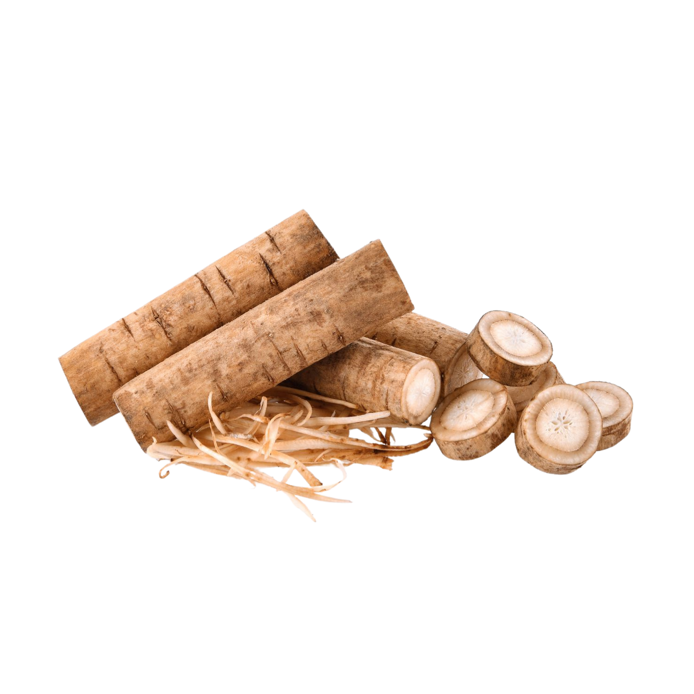 Whole and sliced burdock root on a white background.