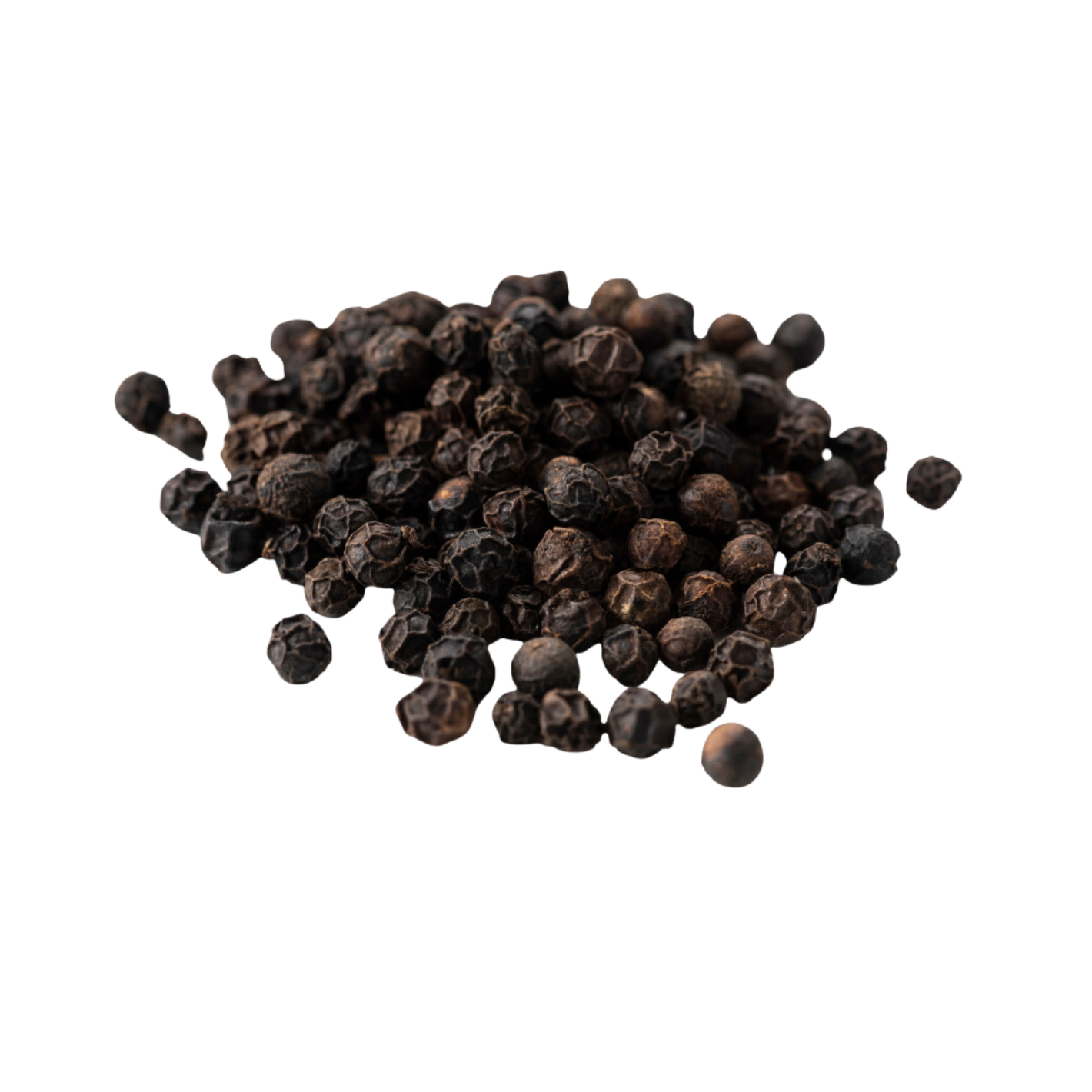 A pile of black peppercorns on a white background.