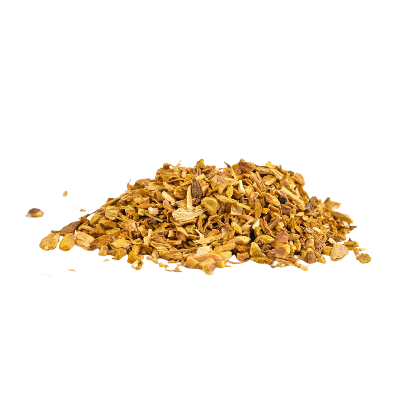 A pile of dried, chopped roots on a black background.