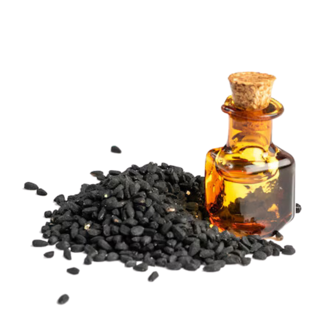 Bottle of oil with black seeds scattered around.