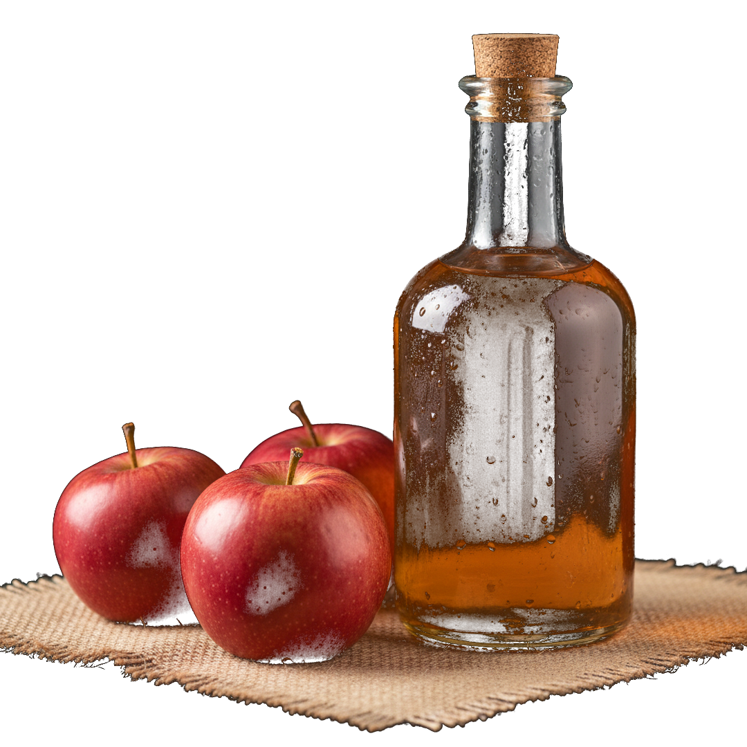 Glass jug of apple cider vinegar surrounded by fresh apples.