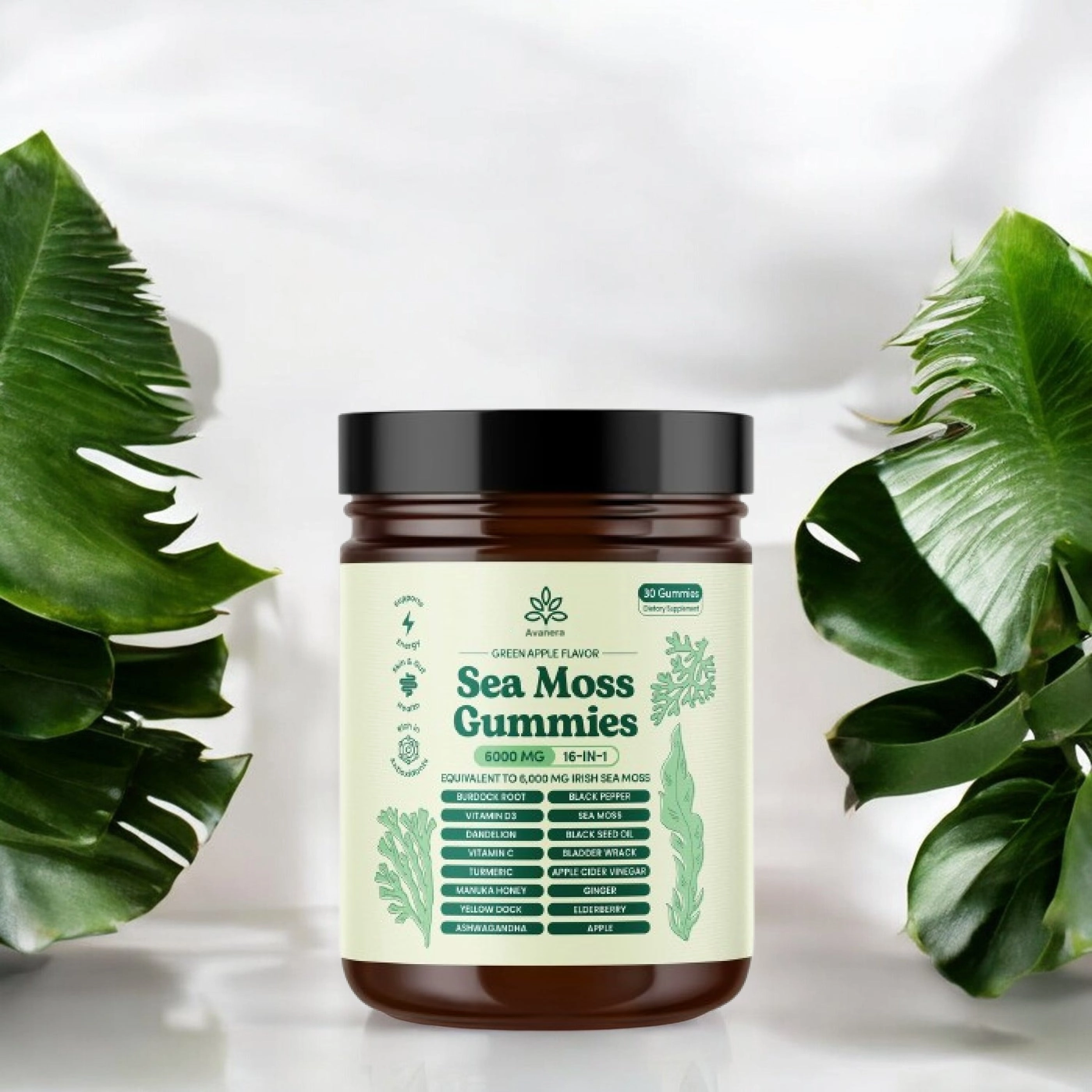 Jar of Sea Moss Gummies with green leaves in the background.