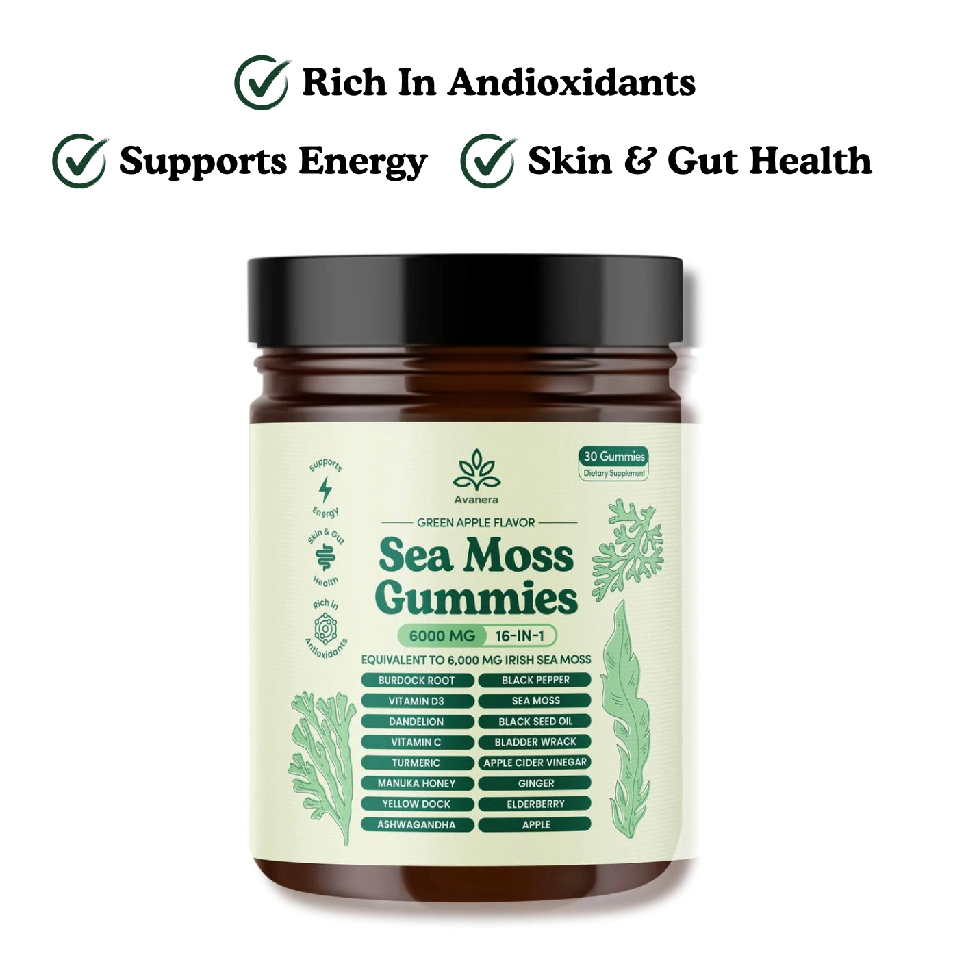 Jar of green apple flavor sea moss gummies for wellness support.