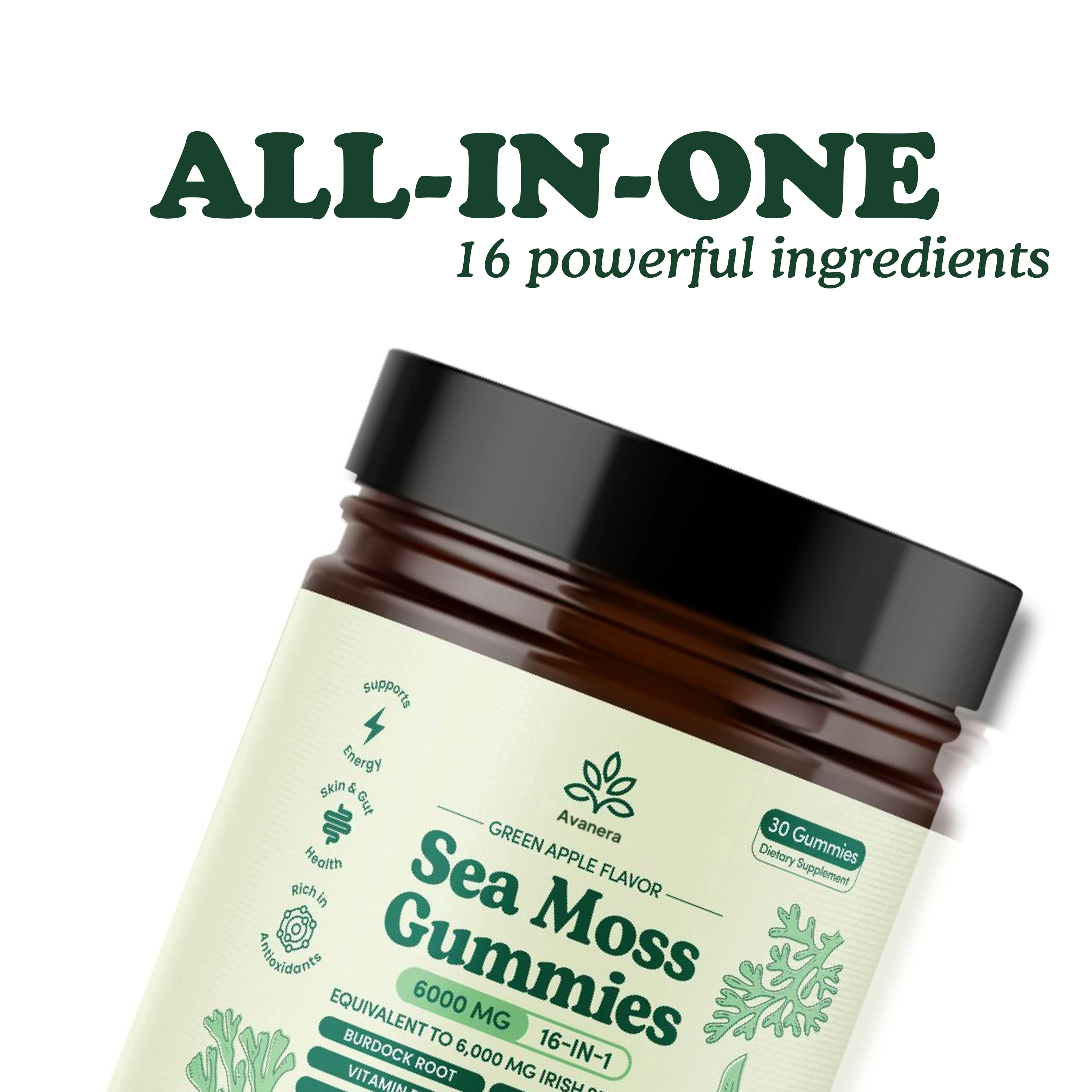 Jar of sea moss gummies, green apple flavor, labeled 'All-in-One' with 16 ingredients.