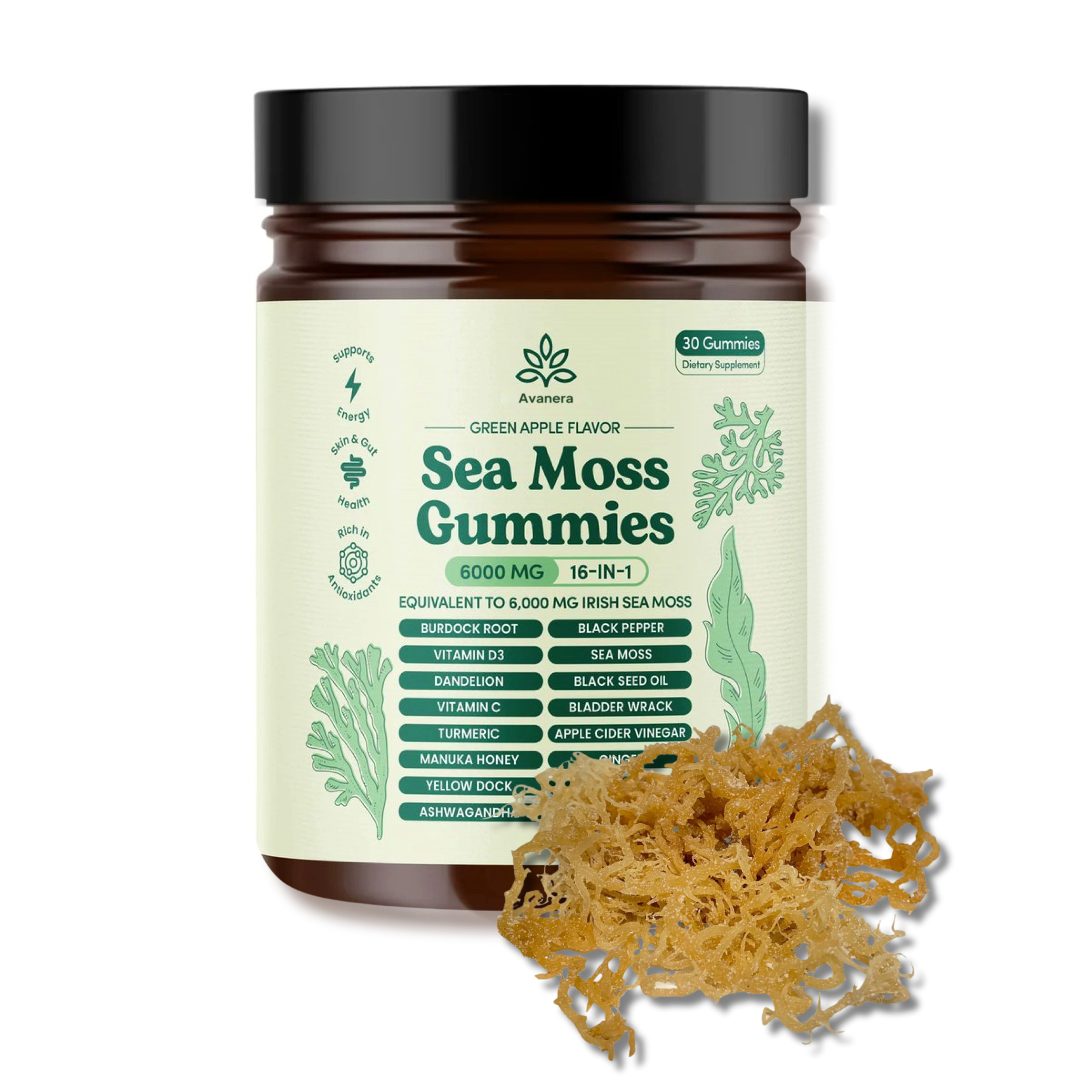 Sea Moss Gummies jar with ingredients list, surrounded by dry sea moss.