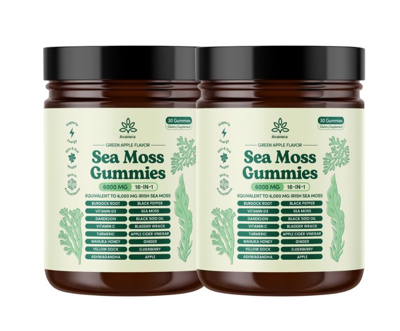 Two jars of green apple flavor Sea Moss Gummies dietary supplement.