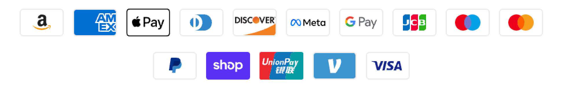 Various payment method icons including Amazon, Apple Pay, PayPal, Visa, and Mastercard.